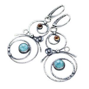 Artisan Style Earrings Blue Gemstone Chandelier Silver Tone 2 Inch